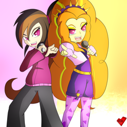 Size: 2000x2000 | Tagged: safe, artist:mytatsur, adagio dazzle, oc, oc:cupcake slash, equestria girls, clothes, equestria girls-ified, microphone, pants, pointing, singing