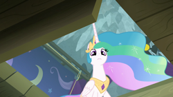 Size: 1920x1080 | Tagged: safe, screencap, princess celestia, alicorn, pony, horse play, looking down, rope, stalactite