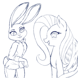 Size: 1280x1280 | Tagged: safe, artist:fluttershy-wins, fluttershy, pegasus, pony, rabbit, judy hopps, sketch, zootopia