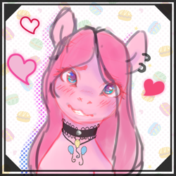 Size: 820x820 | Tagged: safe, artist:onylex, pinkie pie, earth pony, pony, :3, blushing, bust, choker, cute, ear piercing, earring, grin, head tilt, heart, jewelry, looking at you, piercing, pinkamena diane pie, smiling, solo