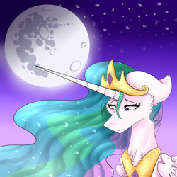 Size: 2000x2000 | Tagged: safe, artist:via2211, princess celestia, alicorn, pony, crying, floppy ears, mare in the moon, moon, solo