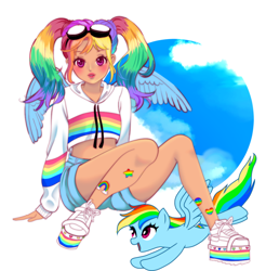 Size: 828x840 | Tagged: safe, artist:meloncandies, derpibooru import, rainbow dash, human, pony, blushing, clothes, colored pupils, flying, goggles, human ponidox, humanized, looking at you, self ponidox, sitting, winged humanization, wings