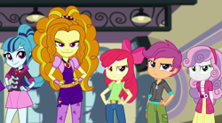 Size: 1280x714 | Tagged: safe, adagio dazzle, apple bloom, scootaloo, sonata dusk, sweetie belle, equestria girls, rainbow rocks, angry, evil grin, grin, hand on hip, looking at you, smiling, the cutie mark crusaders are not amused