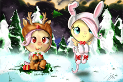 Size: 3000x2000 | Tagged: safe, artist:shogundun, fluttershy, bat pony, deer, pony, rabbit, reindeer, animal costume, apple, blushing, bunny costume, clothes, costume, cute, filly, filly fluttershy, floating, flutterbat, food, ornament, self ponidox, signature, sitting, smiling, snow, tree, younger