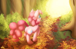 Size: 4000x2600 | Tagged: safe, artist:fluffyxai, pinkie pie, earth pony, pony, autumn, digital painting, forest, leaves, lineless, plot, solo, sunlight, walking