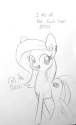 Size: 829x1362 | Tagged: safe, artist:tjpones, oc, earth pony, pony, call the cops, call the police, dialogue, female, lineart, mare, monochrome, open mouth, pure unfiltered evil, simple background, sketch, solo, traditional art, vulgar, white background