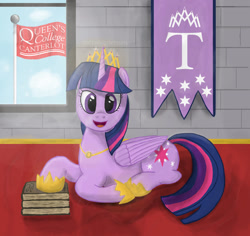 Size: 1024x966 | Tagged: safe, artist:infrasonicman, derpibooru import, twilight sparkle, twilight sparkle (alicorn), alicorn, pony, banner, book, crown, female, flag, looking at you, mare, solo