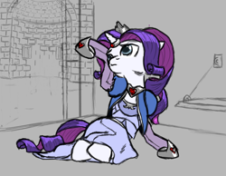 Size: 1550x1200 | Tagged: safe, artist:trefoiler, rarity, pony, unicorn, dungeons and discords, clothes, dramatic pose, dress, dungeons and dragons, female, gray background, horn ring, jewelry, mare, ogres and oubliettes, shmarity, shoes, simple background, socks, solo, tiara, vest, wip