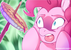 Size: 742x524 | Tagged: safe, artist:mlpfwb, pinkie pie, earth pony, pony, secrets and pies, female, food, food gore, horrified, impalement, mare, oh the humanity, pie, solo, that pony sure does love pies