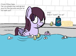 Size: 687x509 | Tagged: safe, artist:lux, oc, oc only, oc:pillow case, 4chan, bath, bathing, bathtub, colored, cute, implied anon, ocbetes, offscreen character, pegaduck, ponies in earth, pun, pure unfiltered evil, rubber duck, shampoo, soap, solo, tile, vulgar