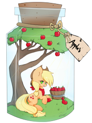 Size: 2611x3471 | Tagged: safe, artist:teranen, applejack, earth pony, pony, apple, apple tree, bandana, food, impossibly large ears, jar, no pupils, pony in a bottle, prone, solo, tongue out