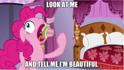 Size: 884x499 | Tagged: safe, edit, edited screencap, screencap, pinkie pie, earth pony, pony, canterlot boutique, bed, caption, cupcake, eating, food, image macro, meme, open mouth, pillow, solo, tell me i'm pretty