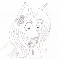 Size: 2432x2458 | Tagged: safe, artist:ciaran, derpibooru exclusive, fluttershy, anthro, armor, bust, cloak, clothes, cutie mark accessory, ear piercing, earring, jewelry, looking at you, piercing, portrait, simple background, sketch, solo, thousand yard stare, traditional art