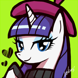 Size: 300x300 | Tagged: safe, artist:volvolvox, rarity, pony, unicorn, sweet and elite, beatnik rarity, beret, bust, clothes, green background, hat, heart, icon, lidded eyes, portrait, signature, simple background, solo, sweater