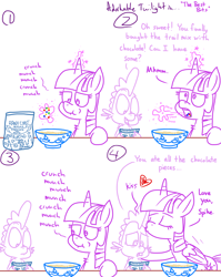 Size: 1280x1611 | Tagged: safe, artist:adorkabletwilightandfriends, spike, twilight sparkle, twilight sparkle (alicorn), alicorn, dragon, pony, comic:adorkable twilight and friends, adorkable twilight, bowl, chocolate, comic, cute, disappointed, disappointment, family, food, forehead kiss, humor, kissing, lineart, love, mama twilight, mouth, nuts, platonic kiss, pure unfiltered evil, tongue out, trail mix, upset