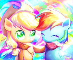 Size: 2765x2271 | Tagged: safe, artist:bronyazaych, derpibooru import, applejack, rainbow dash, earth pony, pegasus, pony, appledash, applejack's hat, clothes, cowboy hat, eyes closed, female, hat, lesbian, scarf, shipping