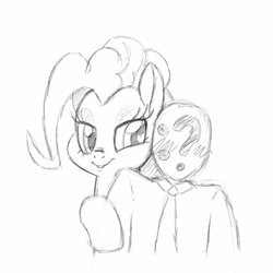 Size: 684x683 | Tagged: safe, artist:trickydick, pinkie pie, oc, oc:anon, human, amazon, blushing, cute, diapinkes, kiss mark, lidded eyes, lipstick, monochrome, sketch