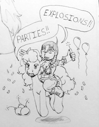 Size: 681x873 | Tagged: safe, artist:fuzzyfurvert, pinkie pie, dwarf, earth pony, pony, confetti, cutie mark, dialogue, dynamite, explosives, looking at you, monochrome, pathfinder, sketch, speech bubble