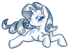 Size: 578x403 | Tagged: safe, artist:noth-chan, rarity, pony, unicorn, blushing, female, lidded eyes, limited palette, looking at you, mare, prone, simple background, smiling, solo, white background