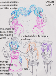 Size: 2160x2949 | Tagged: safe, artist:orochivanus, adagio dazzle, aria blaze, sonata dusk, equestria girls, fake moustache, fanfic, fanfic art, simple background, sombrero, spanish, the dazzlings, traditional art