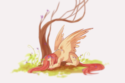Size: 3000x2000 | Tagged: safe, artist:prancingcrow, fluttershy, pegasus, pony, eyes closed, female, flower, lying down, mare, peaceful, prone, solo, spread wings, tree