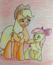 Size: 2359x2897 | Tagged: safe, artist:artbyponypony, apple bloom, applejack, earth pony, pony, cutie mark, sisters, the cmc's cutie marks, traditional art