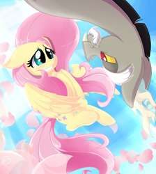 Size: 2156x2410 | Tagged: safe, artist:zlayd-oodles, discord, fluttershy, pegasus, pony, blushing, discoshy, eye contact, floppy ears, flying, grin, hooves to the chest, looking at each other, male, nervous, nervous grin, shipping, smiling, straight