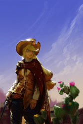 Size: 1280x1920 | Tagged: safe, artist:ciyunhe, applejack, human, cactus, chromatic aberration, clint eastwood, clothes, colt peacemaker, cowboy, cowboy hat, female, gun, hat, humanized, jeans, pants, poncho, revolver, solo, stetson, the man with no name, weapon