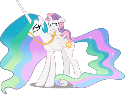 Size: 4334x3256 | Tagged: safe, artist:blackm3sh, artist:jerick, edit, editor:slayerbvc, princess celestia, sweetie belle, alicorn, pony, unicorn, accessory-less edit, barehoof, bridle, duo, ethereal mane, female, filly, looking back, mare, missing accessory, ponies riding ponies, pure unfiltered evil, reins, simple background, tack, this will end in tears and/or a journey to the moon, transparent background, vector, vector edit