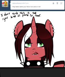 Size: 649x769 | Tagged: safe, artist:redintravenous, oc, oc only, oc:red ribbon, april fools, earring, emo, goth, piano, swapped cutie marks, tumblr