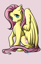 Size: 1024x1582 | Tagged: safe, artist:melbaka, fluttershy, pegasus, pony, floppy ears, frown, looking at you, raised hoof, shy, simple background, sitting, solo, spread wings, white background