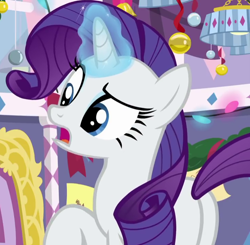 Size: 732x718 | Tagged: safe, screencap, rarity, pony, unicorn, mystery voice, confused, cropped, female, glowing horn, horn, magic, mare, open mouth, plot, raised eyebrow, raised hoof, solo, talking