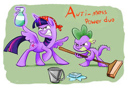 Size: 600x421 | Tagged: safe, artist:nukilik, derpibooru import, spike, twilight sparkle, twilight sparkle (alicorn), alicorn, dragon, pony, bandana, broom, bucket, cleaning, female, mare, soap