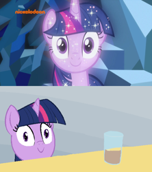 Size: 550x618 | Tagged: safe, artist:furseiseki, screencap, twilight sparkle, pony, what lies beneath, chocolate, chocolate milk, comparison, exploitable meme, female, mare, meme, milk, nickelodeon, pure unfiltered evil, smiling, sparkles, spilled milk, treelight sparkle