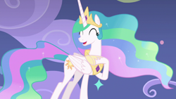 Size: 1280x720 | Tagged: safe, screencap, princess celestia, alicorn, pony, horse play, cute, cutelestia, eyes closed, female, hoof shoes, jewelry, mare, open mouth, peytral, raised hoof, regalia, smiling, solo