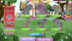 Size: 667x375 | Tagged: safe, derpibooru import, screencap, applejack, fluttershy, pinkie pie, rainbow dash, rarity, twilight sparkle, earth pony, pegasus, pony, unicorn, costs real money, crack is cheaper, female, filly, foal, gameloft, gem, greedloft, mane six