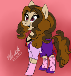 Size: 762x822 | Tagged: safe, artist:wubcakeva, adagio dazzle, oc, oc:cupcake slash, earth pony, pony, clothes, clothes swap, costume, cute, female, halloween, happy, mare, signature, solo