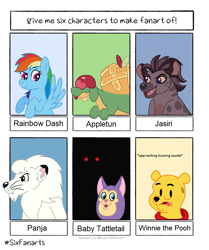 Size: 1005x1200 | Tagged: safe, artist:miss-barker, derpibooru import, rainbow dash, bear, big cat, hyena, lion, pegasus, pony, appletun, bust, crossover, descriptive noise, female, jasiri, male, mare, nervous, pokémon, six fanarts, tattletail, the lion guard, winnie the pooh