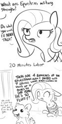 Size: 1280x2560 | Tagged: safe, artist:tjpones, derpibooru import, fluttershy, dog, pegasus, pony, betrayal, bondage, bound, chest fluff, comic, dialogue, ear fluff, female, fluffy, funny, good boy, grayscale, interrogation, lineart, mare, monochrome, offscreen character, psychological torture, pure unfiltered evil, rope, rope bondage, simple background, sweat, tail, tail wag, that pony sure does love animals, tied up, torture, unsexy bondage, white background