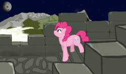 Size: 2228x1319 | Tagged: safe, artist:derpywoolfs, pinkie pie, earth pony, pony, cloud, hill, looking away, looking up, moon, night, smiling, solo, space, stars, tree, walking, wall