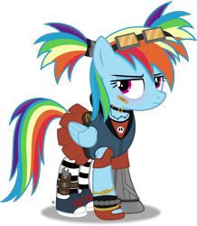 Size: 2810x3219 | Tagged: safe, artist:anime-equestria, derpibooru import, rainbow dash, pegasus, pony, alternate hairstyle, bandage, blushing, borderlands, borderlands 2, clothes, converse, cute, dashabetes, goggles, high res, jewelry, necklace, pigtails, robotic arm, shirt, shoes, simple background, skirt, socks, solo, striped socks, transparent background, vector, wings, wrench