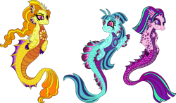 Size: 3011x1754 | Tagged: safe, artist:starryoak, adagio dazzle, aria blaze, sonata dusk, siren, equestria girls, alternate design, angry, antennae, clenched teeth, curly mane, curly tail, eyelashes, fangs, fins, full body, gem, grin, happy, hooves, long mane, looking at something, looking at you, scales, sharp teeth, simple background, smiling, teeth, the dazzlings, transparent background, trio, waving