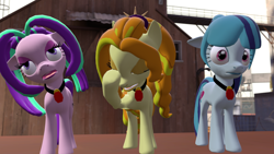 Size: 1920x1080 | Tagged: safe, artist:ghost258, adagio dazzle, aria blaze, sonata dusk, pony, equestria girls, rainbow rocks, 3d, equestria girls ponified, eyeroll, facehoof, ponified, scene interpretation, sfm ponyville, source filmmaker, starenata, the dazzlings, trio