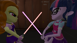 Size: 1920x1080 | Tagged: safe, artist:peter-krinklebein, adagio dazzle, sci-twi, twilight sparkle, equestria girls, 3d, bowtie, clothes, evil grin, fingerless gloves, glasses, gloves, grin, jewelry, lightsaber, pendant, skirt, smiling, star wars, weapon