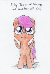 Size: 521x777 | Tagged: safe, artist:t72b, derpibooru exclusive, scootaloo, cute, cutealoo, female, filly, looking up, pure unfiltered evil, solo, text, traditional art