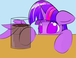 Size: 2877x2170 | Tagged: safe, artist:creepypastapon3, twilight sparkle, twilight sparkle (alicorn), alicorn, chocolate, chocolate milk, colored pupils, exploitable meme, meme, milk, no pupils, pure unfiltered evil, solo, spilled milk, this will end in spilled milk