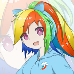 Size: 5499x5499 | Tagged: safe, artist:zaryar, derpibooru import, rainbow dash, human, absurd resolution, alternate hairstyle, anime, bust, clothes, cute, cutie mark, cutie mark on clothes, dashabetes, eared humanization, female, hoodie, humanized, looking at you, open mouth, pixiv, ponytail, solo, zoom layer