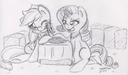 Size: 1280x758 | Tagged: safe, artist:abbystarling, applejack, rarity, earth pony, pony, unicorn, dinner, female, hay bale, lesbian, monochrome, necklace, pearl necklace, rarijack, shipping