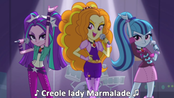 Size: 1280x720 | Tagged: safe, edit, edited screencap, screencap, adagio dazzle, aria blaze, sonata dusk, equestria girls, rainbow rocks, christina aguilera, evil grin, grin, labelle, lady marmalade, lil kim, looking at you, microphone, moulin rouge, music notes, mya, p!nk, reference, singing, smiling, song reference, the dazzlings, under our spell