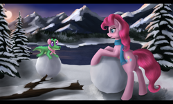 Size: 1920x1161 | Tagged: safe, artist:dezdark, gummy, pinkie pie, earth pony, pony, female, mare, pink coat, pink mane, winter